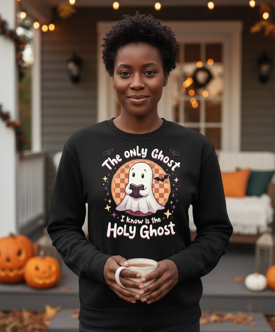 The Only Ghost I Know Is the Holy Ghost christian Halloween Sweatshirt Black lifestyle mockup