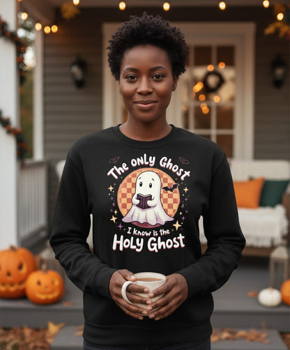The Only Ghost I Know Is the Holy Ghost christian Halloween Sweatshirt Black lifestyle mockup