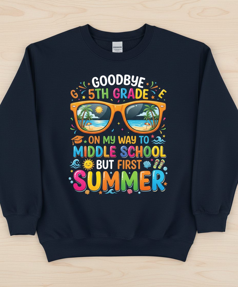 Goodbye 5th Grade on My Way to Middle School but First Sweatshirt - product mockup - Navy