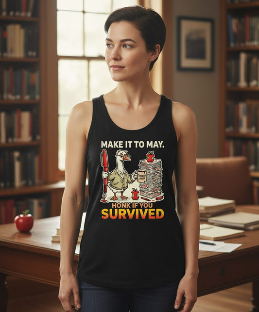 Make It to May Honk If You Survived Funny Teacher Humor Tank Top - lifestyle model mockup - Black