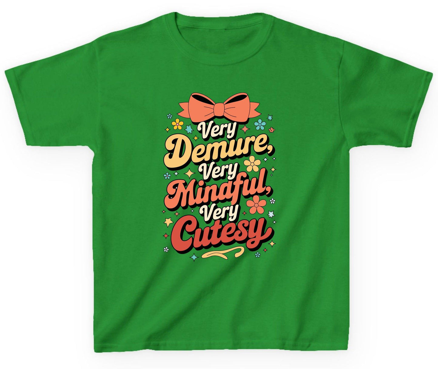 Very Demure, Very Mindful, Very Cutesy positive affirmations Youth T-Shirt Irish Green product mockup