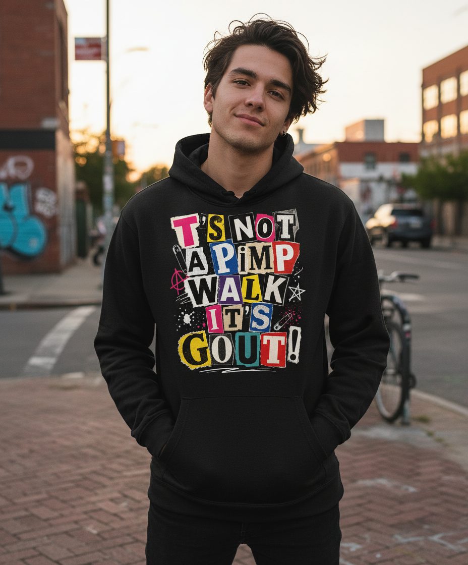 T's Not a Pimp Walk It's Gout Funny Humor Hoodie - lifestyle model mockup - Black