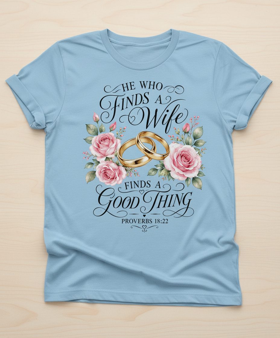 He Who Finds a Wife Finds a Good Thing Proverbs 18 22 T-Shirt - product mockup - Light Blue