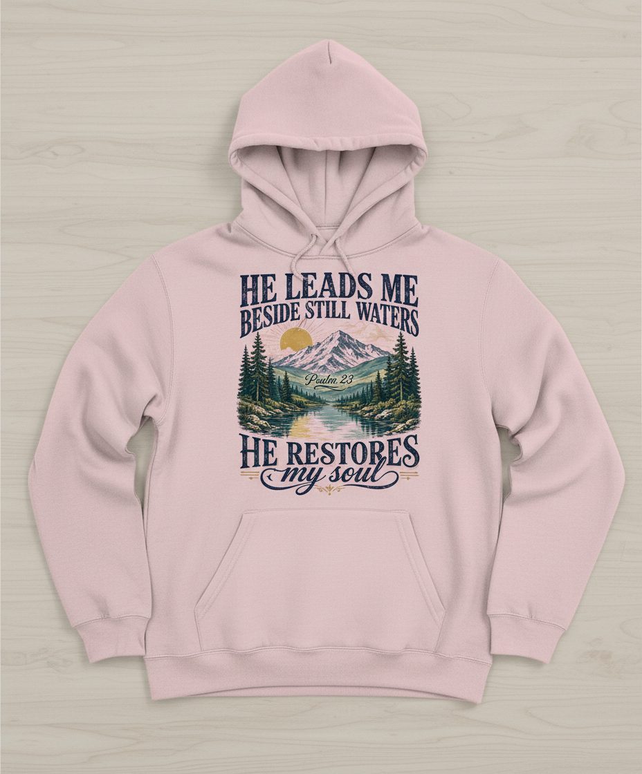 He Leads Me Beside Still Waters He Restores My Soul Hoodie - product mockup - Light Pink