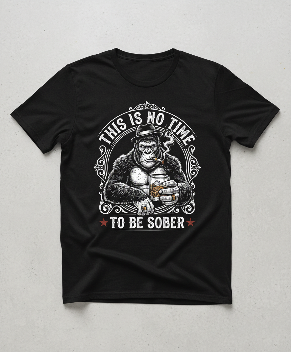 Gorilla Smoking Cigar Drinking Whiskey - This Is No Time To Be Sober T-Shirt - Black