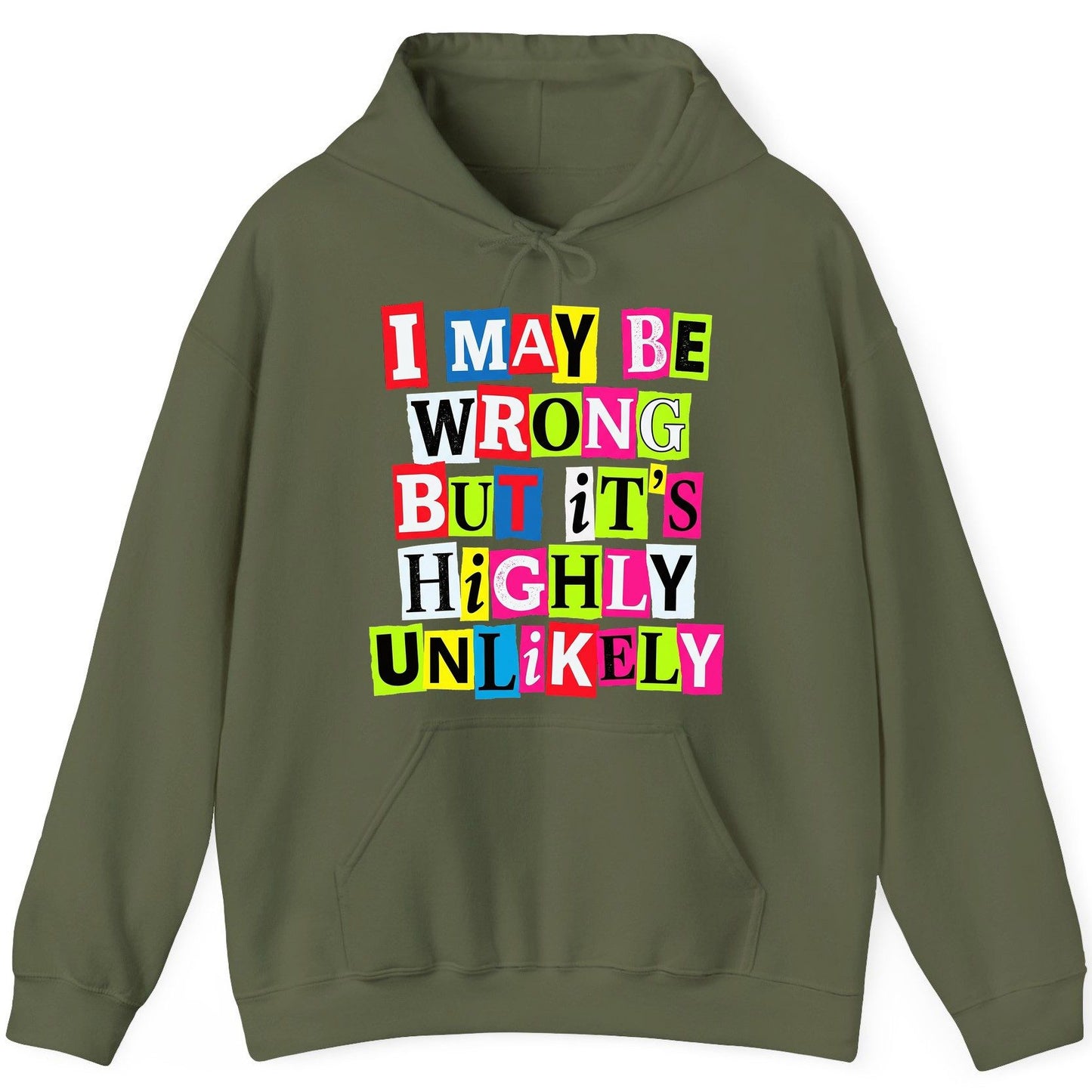 I MAY BE WRONG BUT It's HIGHLY Unlikely Funny Sarcastic Humor Hoodie - product mockup - Military Green