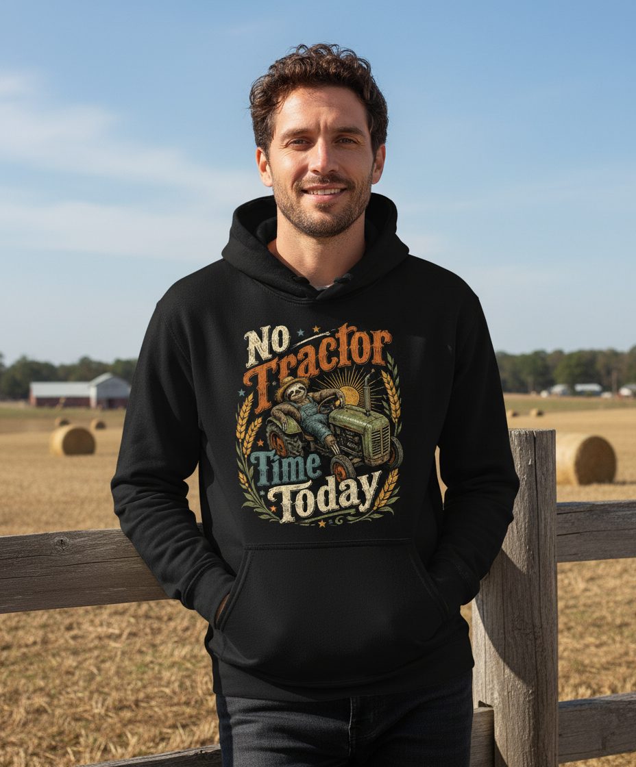 No Tractor Time Today Funny Sloth Hoodie - lifestyle model mockup - Black