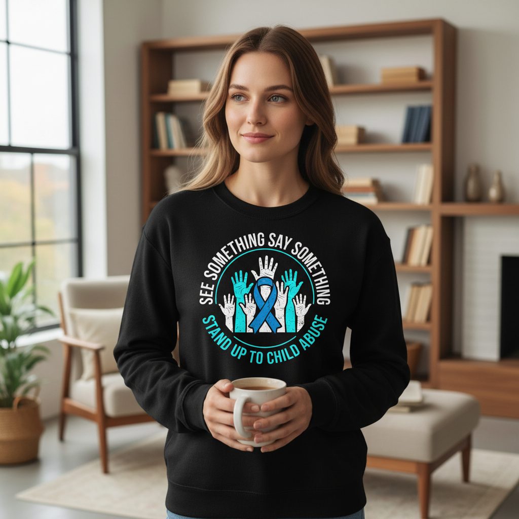 See Something Say Something Stand Up to Child Abuse Sweatshirt - lifestyle model mockup - Black