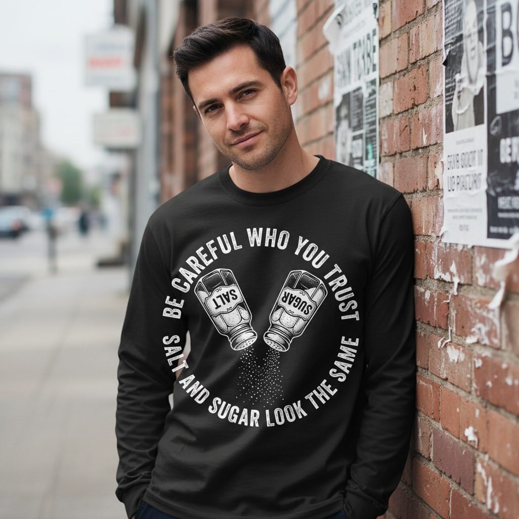 BE Careful WHO YOU TRUST SALT AND SUGAR LOOK THE SAME Long Sleeve Tee - lifestyle model mockup - Black