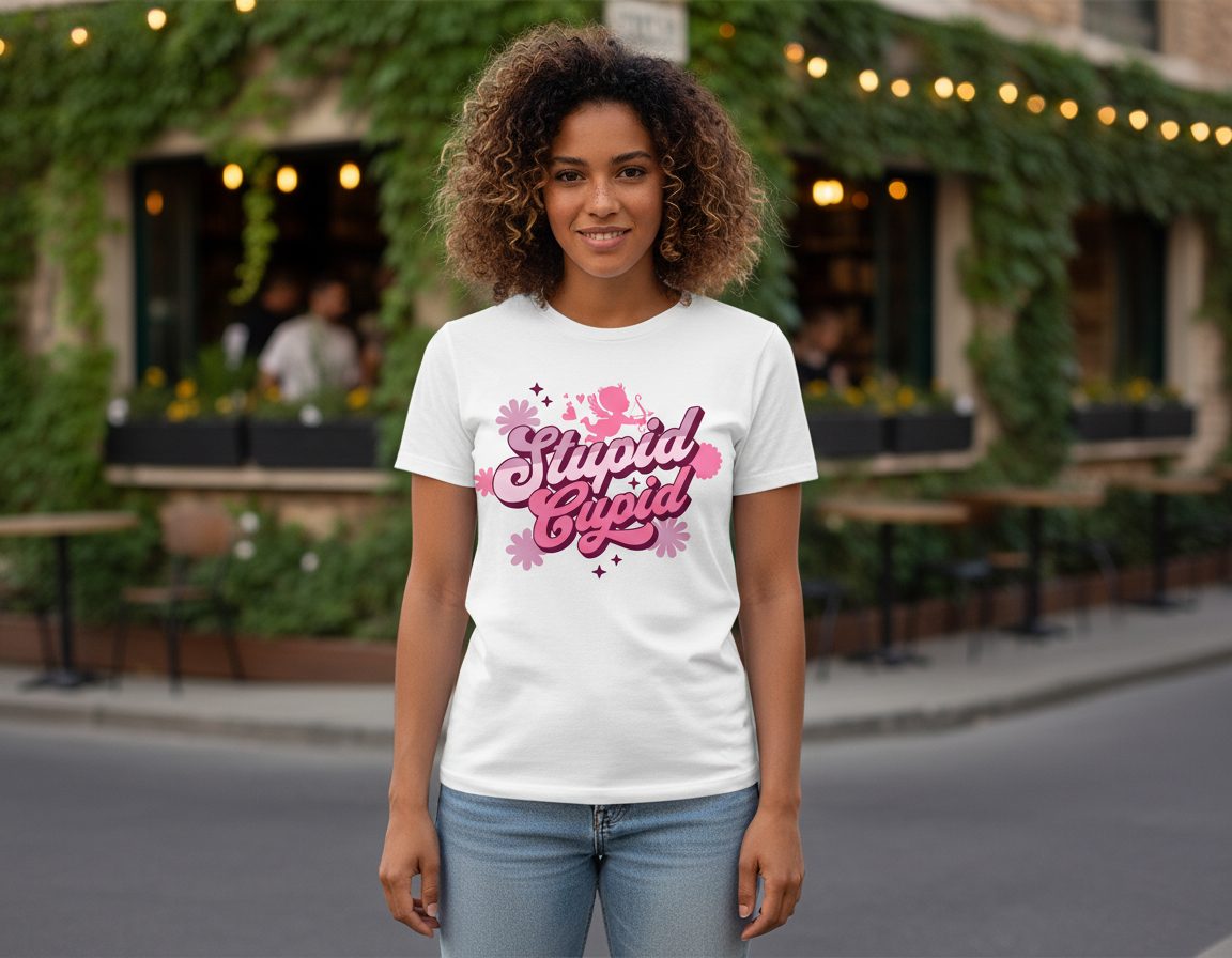 Stupid Cupid anti-Valentine's Day T-Shirt White lifestyle mockup