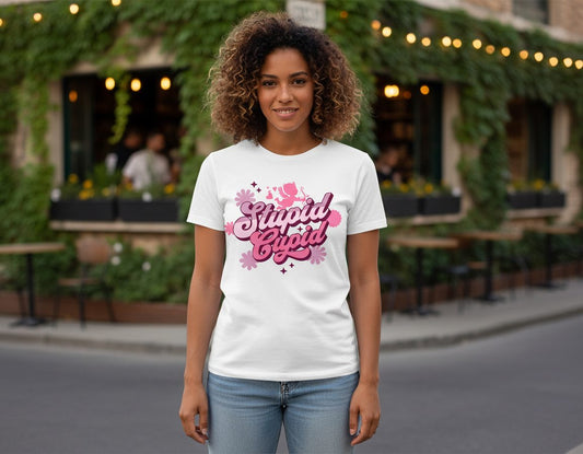 Stupid Cupid anti-Valentine's Day T-Shirt White lifestyle mockup