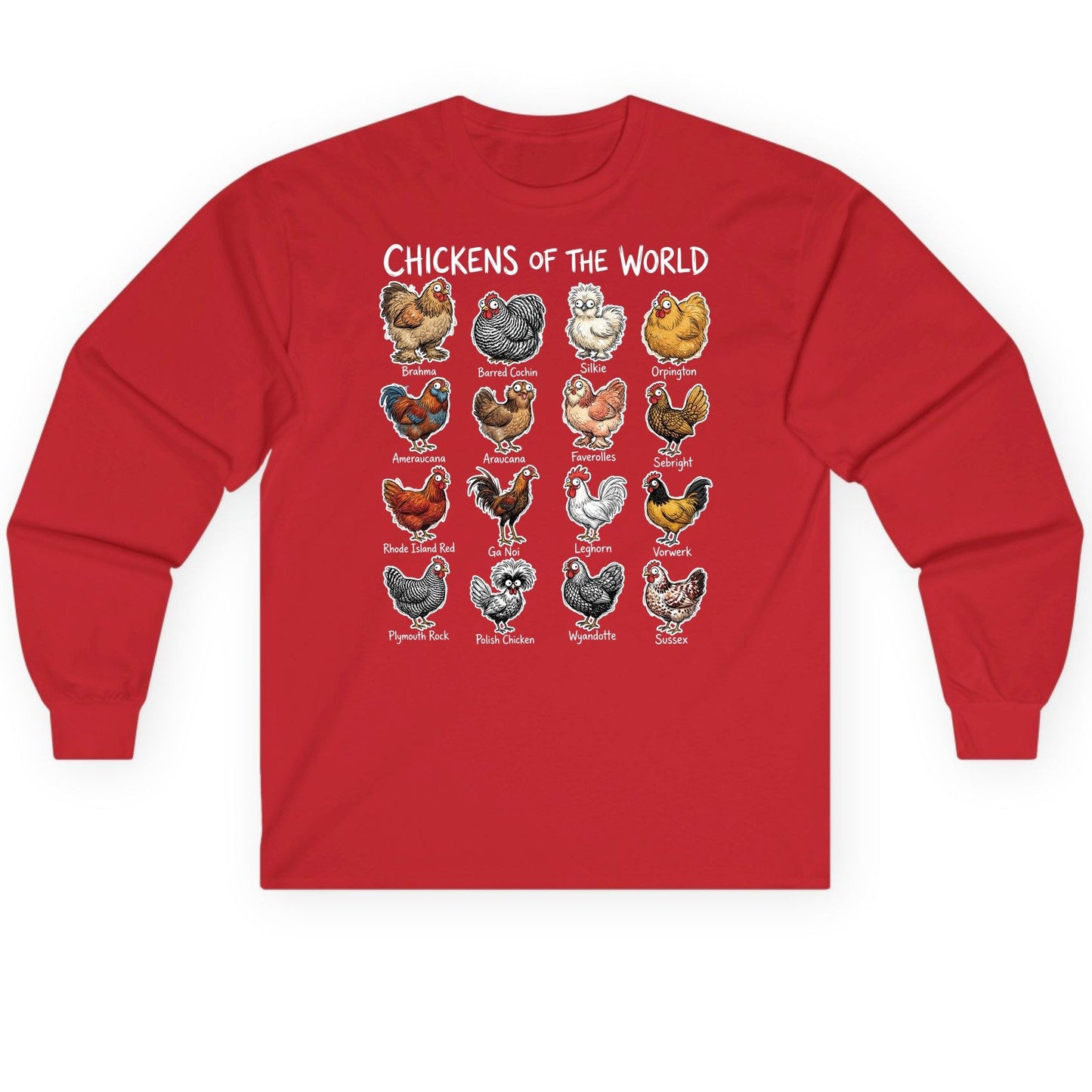 Chickens of the World chicken breeds Long Sleeve Tee Red product mockup