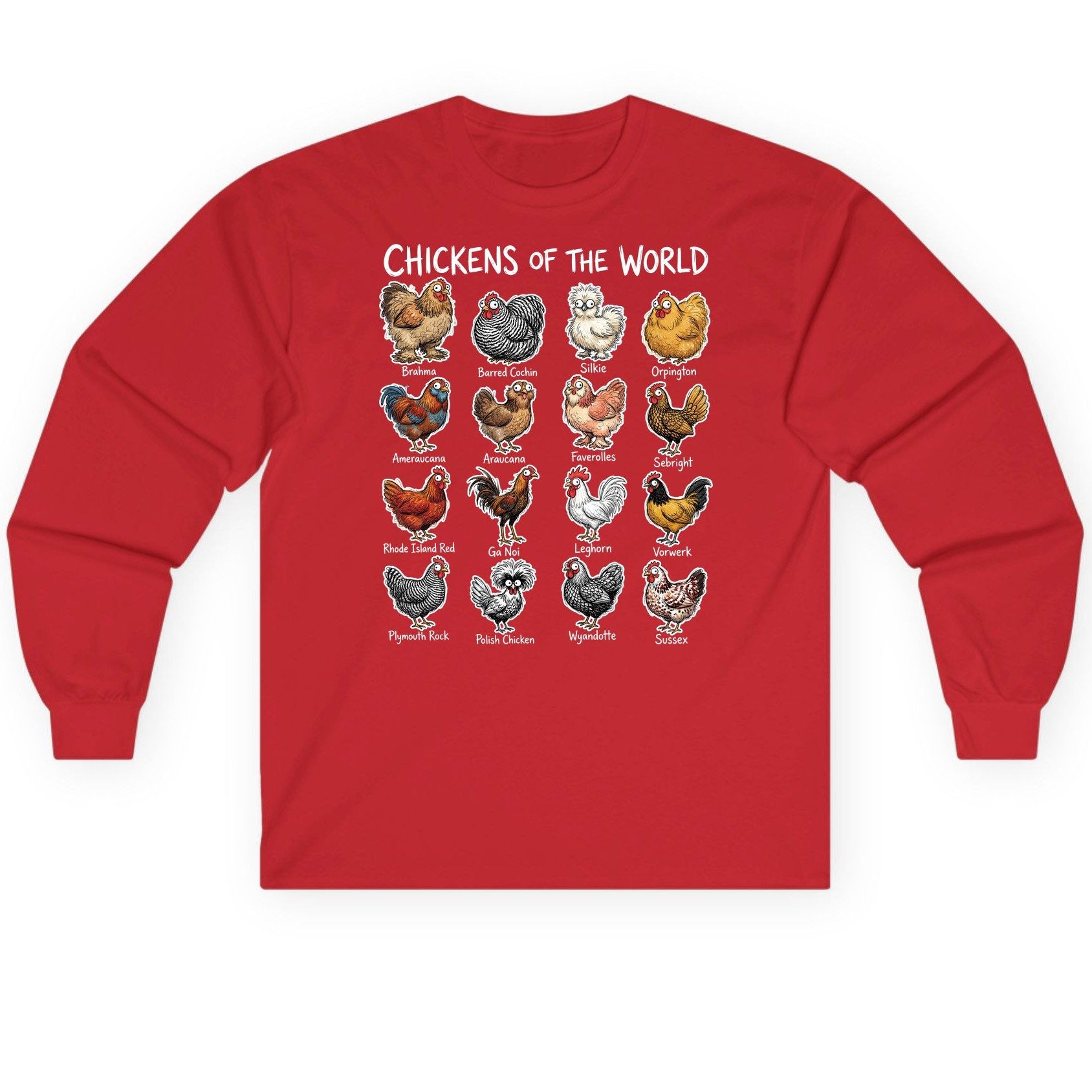 Chickens of the World chicken breeds Long Sleeve Tee Red product mockup