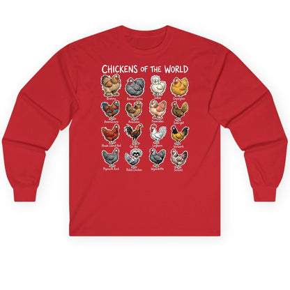 Chickens of the World chicken breeds Long Sleeve Tee Red product mockup