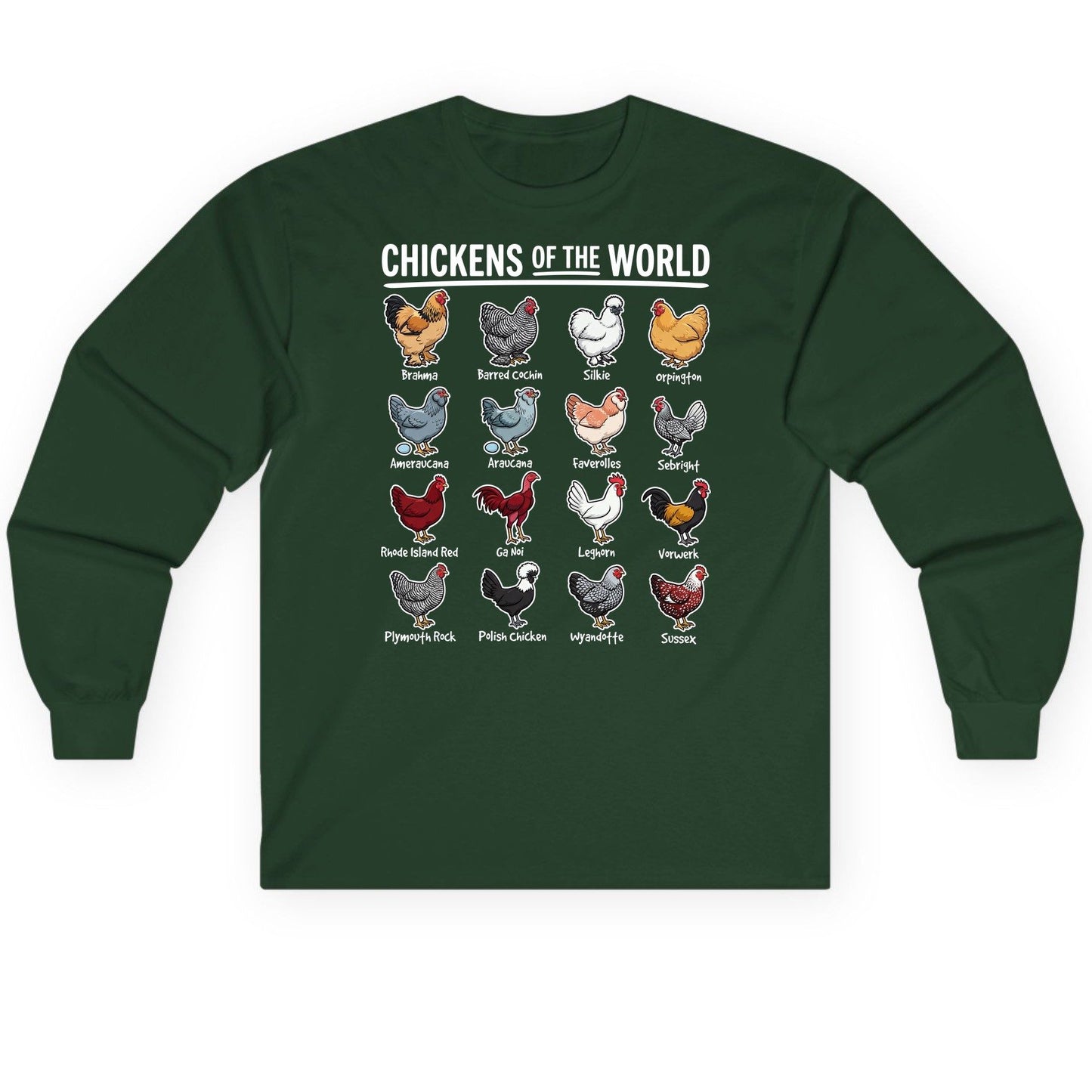 Chickens of the World chicken breeds Long Sleeve Tee Forest Green product mockup
