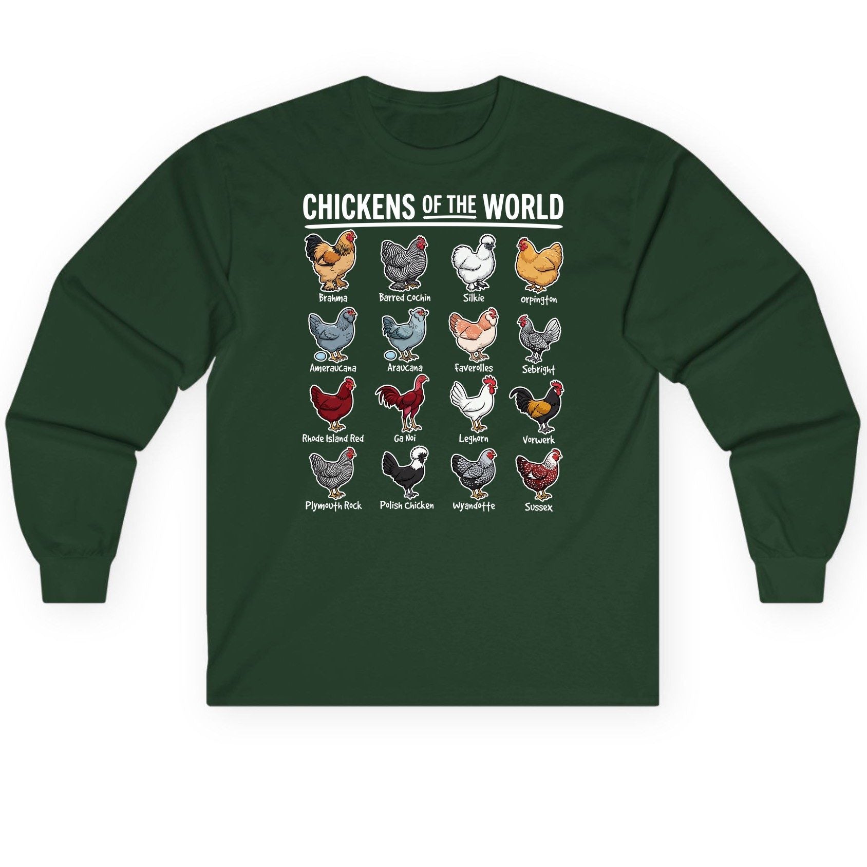 Chickens of the World chicken breeds Long Sleeve Tee Forest Green product mockup