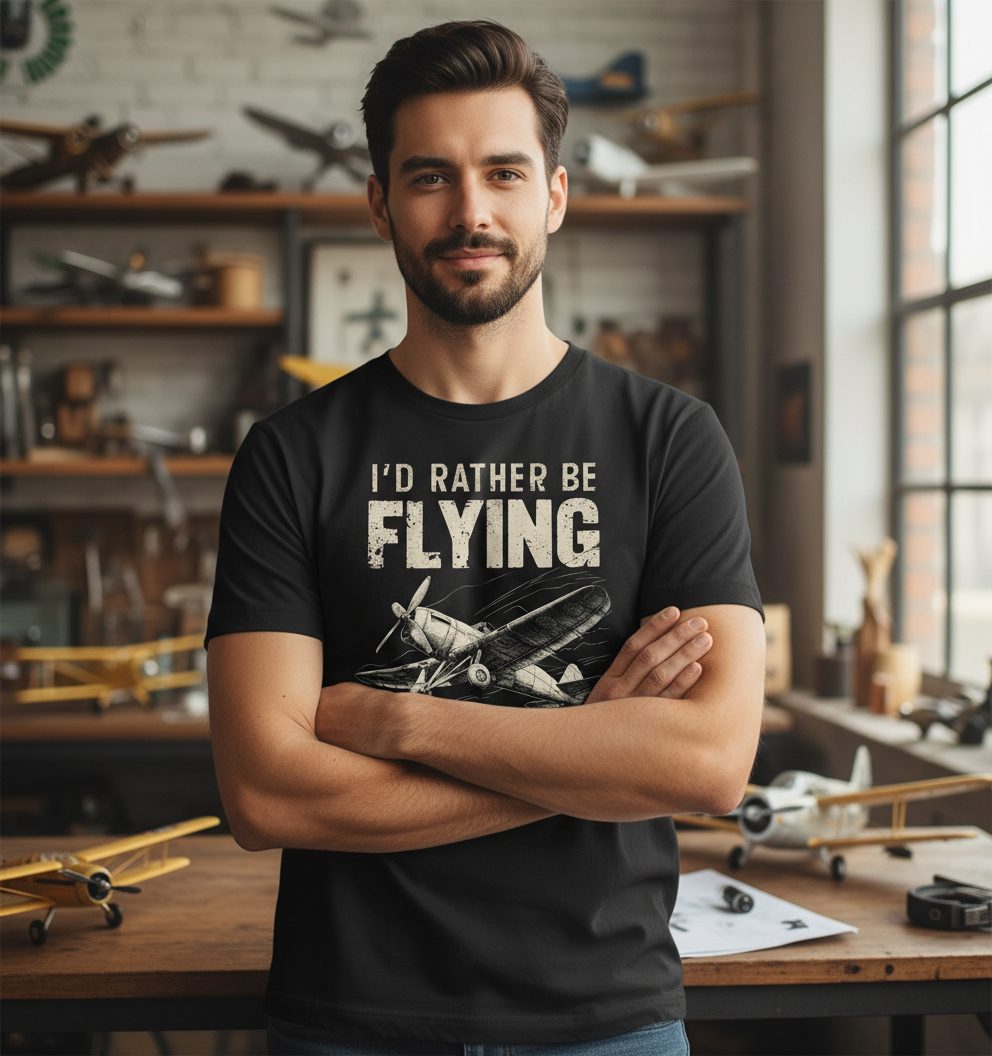 I'd Rather Be Flying vintage propeller plane T-Shirt Black lifestyle mockup