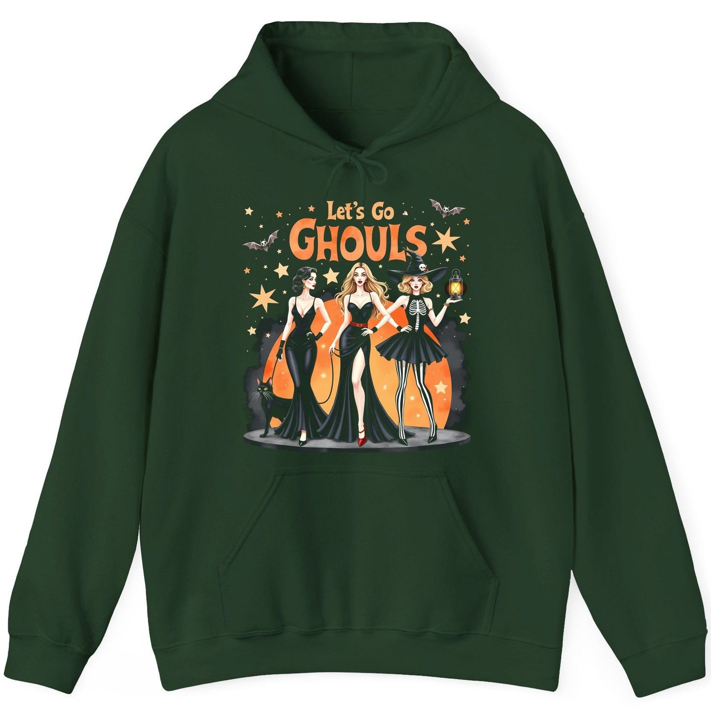 Let's Go Ghouls Halloween women Hoodie Forest Green product mockup