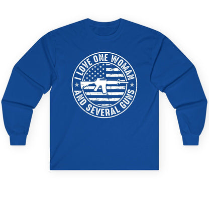 I LOVE ONE WOMAN AND Several GUNS Funny Gun Owners Long Sleeve Tee - product mockup - Royal