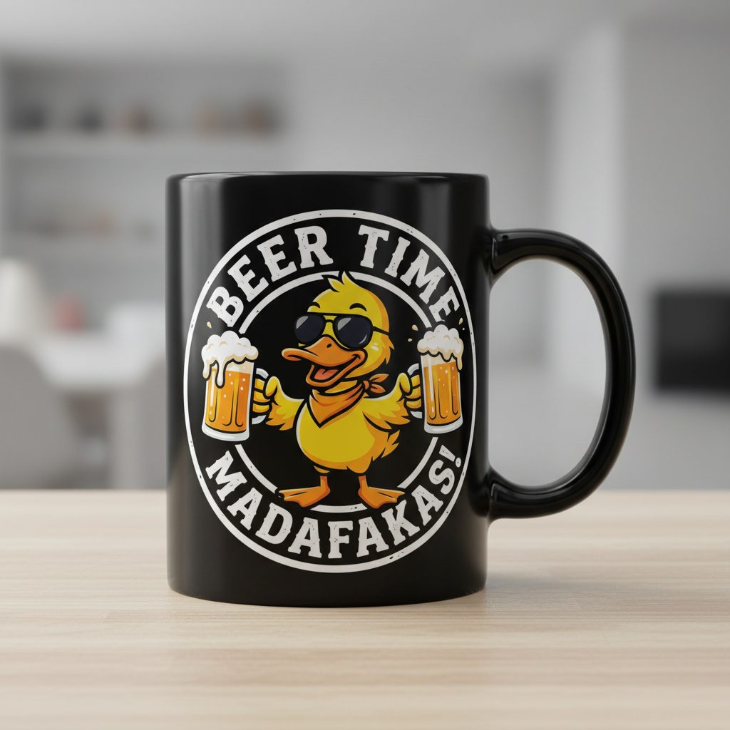 BEER TIME MADAFFAKAS! Funny Duck drinking beer Beer Time Madafakas Duck Black Mug - product mockup - Black