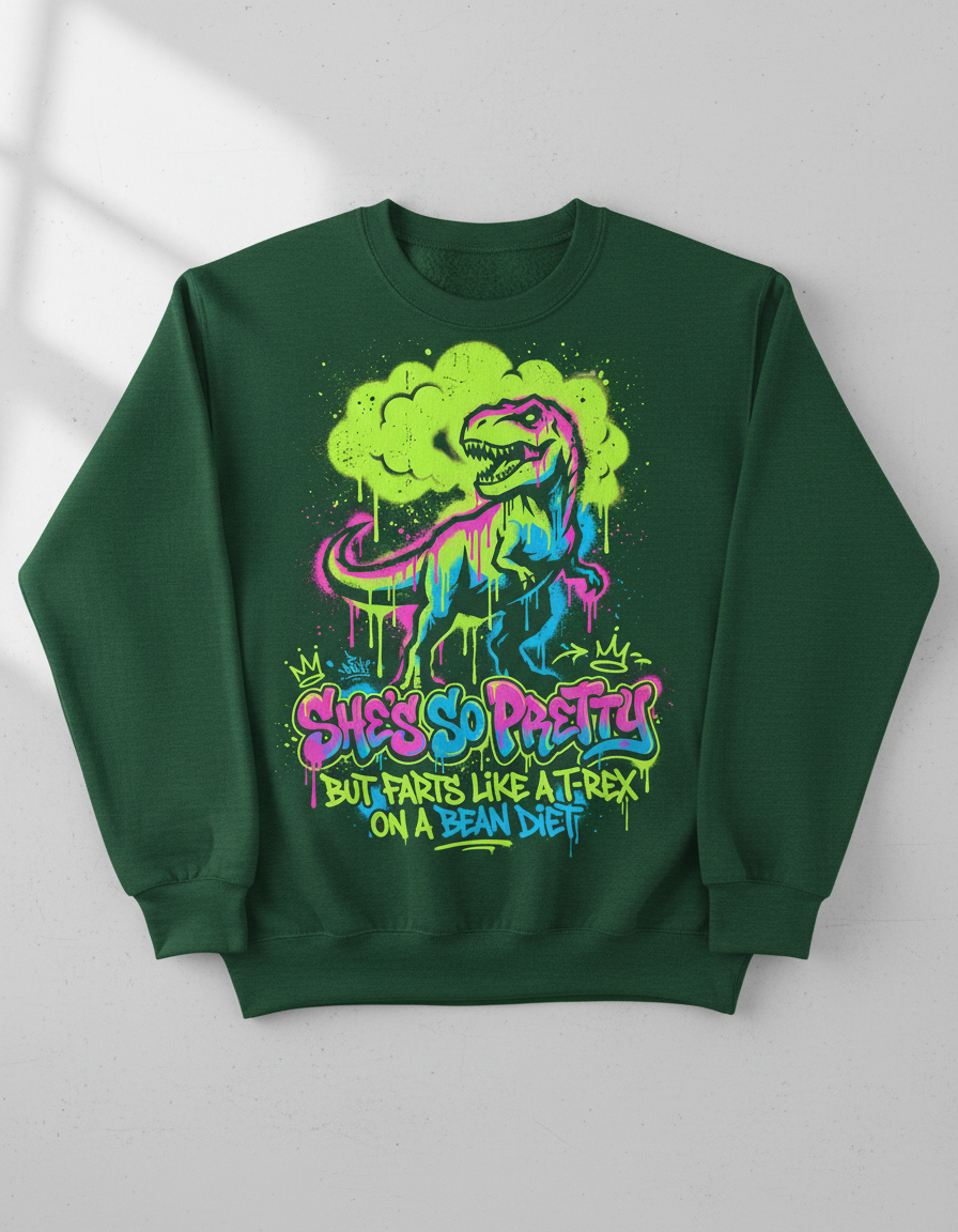 Funny T-Rex Graffiti Art 'She's So Pretty' Sweatshirt - Forest Green