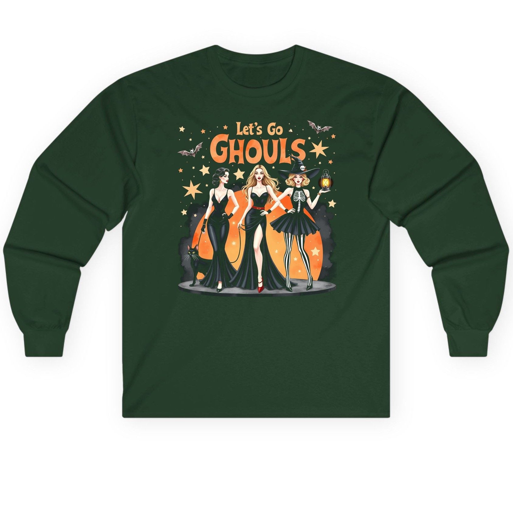 Let's Go Ghouls Halloween women Long Sleeve Tee Forest Green product mockup