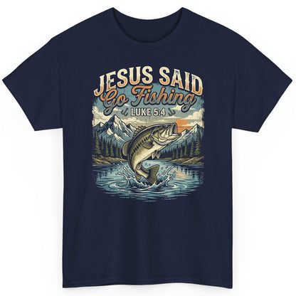 JESUS SAID Go Fishing LUKE 5 4 Retro Christian T-Shirt - product mockup - Navy