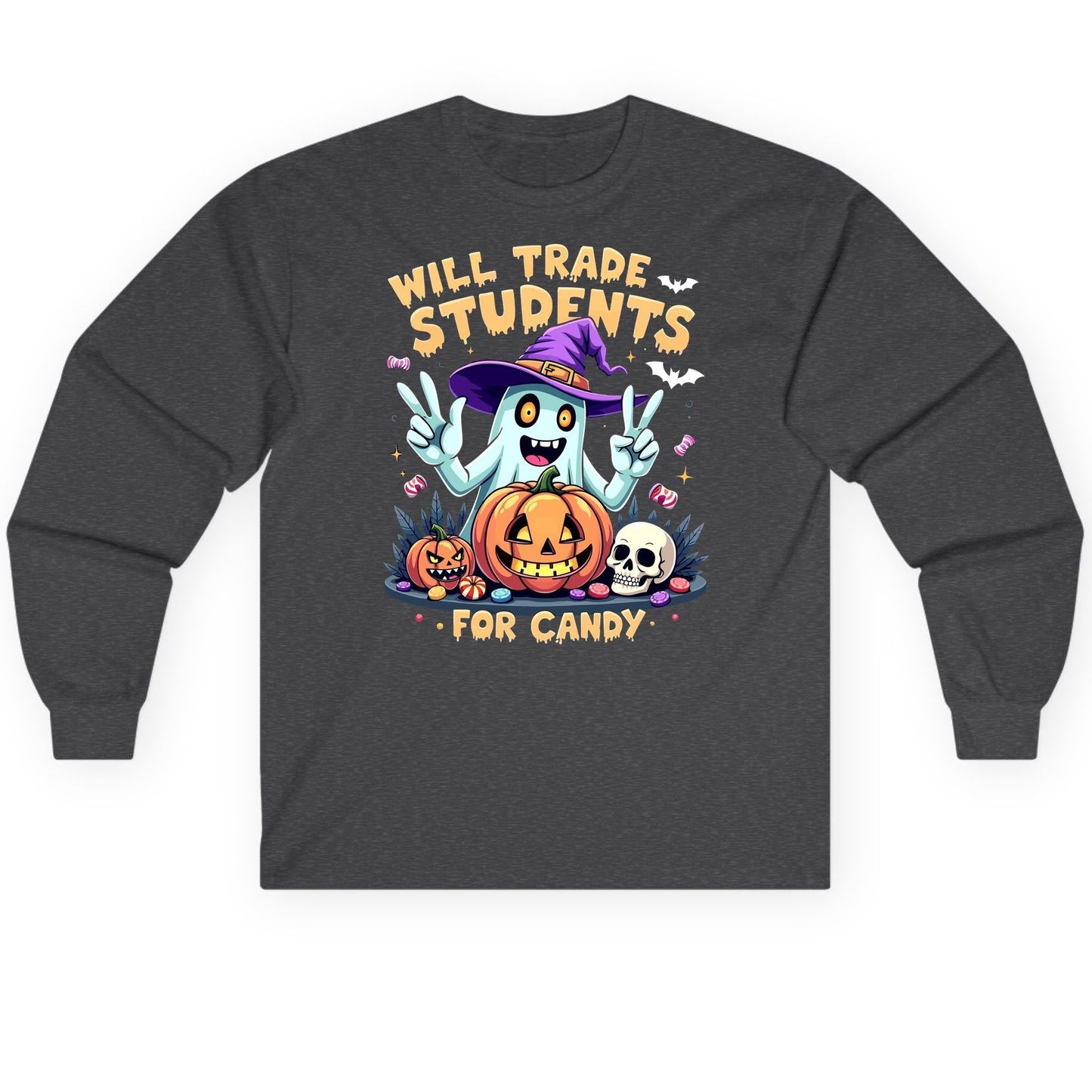 Will Trade Students for Candy teacher humor Long Sleeve Tee Dark Heather product mockup