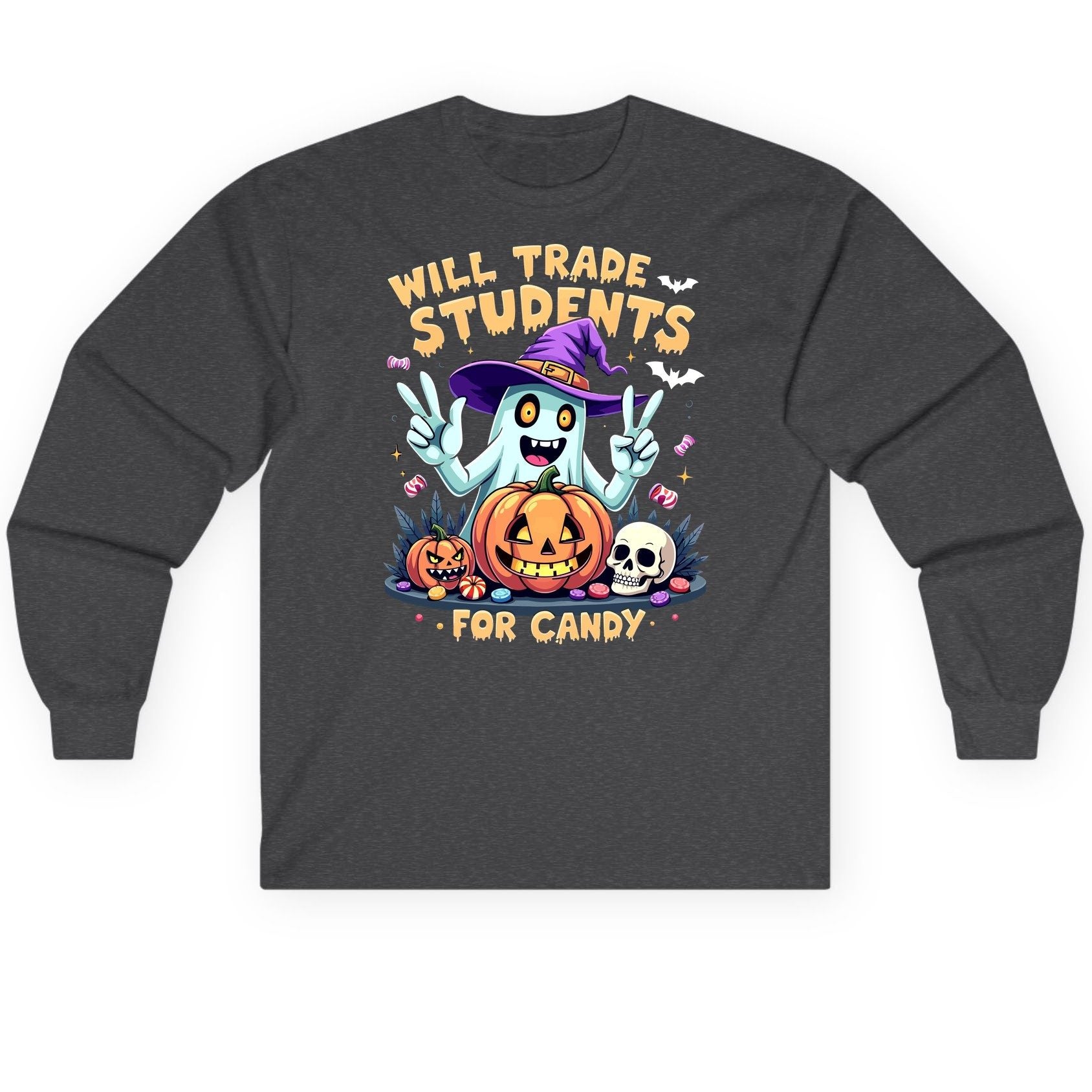 Will Trade Students for Candy teacher humor Long Sleeve Tee Dark Heather product mockup