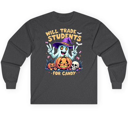 Will Trade Students for Candy teacher humor Long Sleeve Tee Dark Heather product mockup