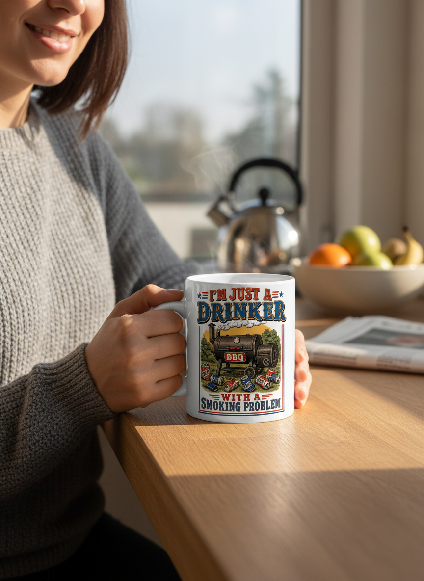 I'M JUST A DRINKER WITH A SMOKING PROBLEM Funny Drinker With A Smoking Problem BBQ White Mug - lifestyle model mockup - White