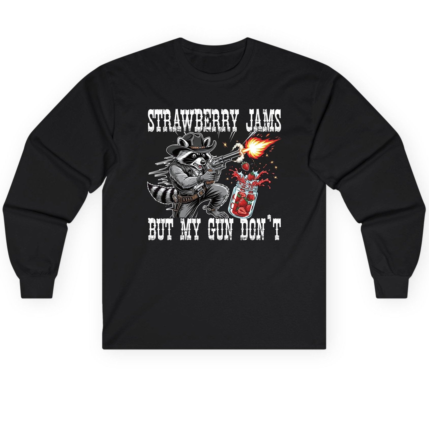 Strawberry Jams but My Gun Don't raccoon Long Sleeve Tee Black product mockup