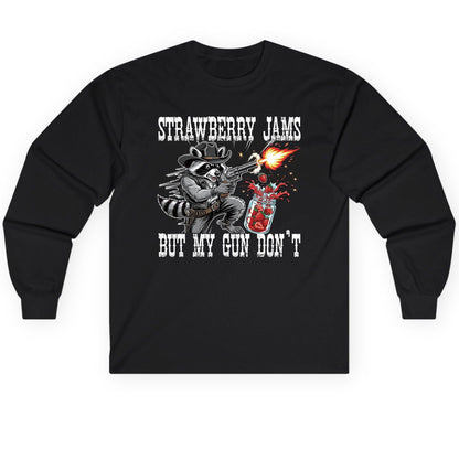 Strawberry Jams but My Gun Don't raccoon Long Sleeve Tee Black product mockup