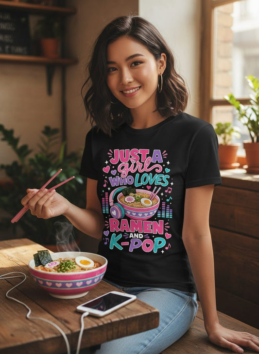 Just a Girl Who Loves Ramen and K-Pop and Ramen T-Shirt - lifestyle model mockup - Black