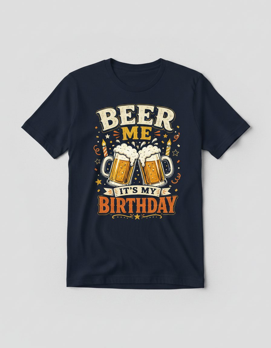 Beer Me It's My Birthday Funny T-Shirt - product mockup - Navy