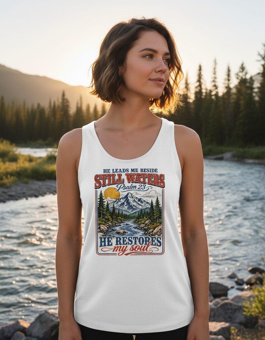 He Leads Me Beside Still Waters Psalm 23 He Restores My Soul Tank Top - lifestyle model mockup - White