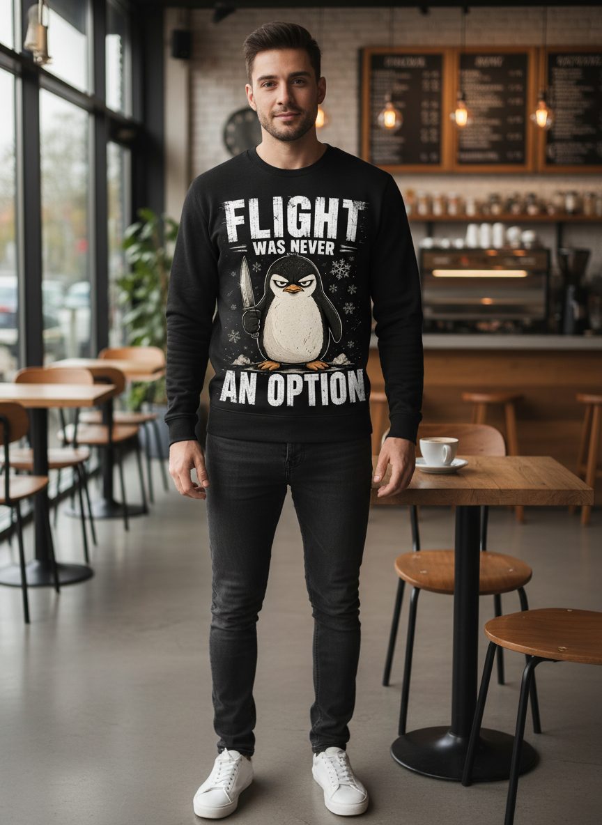 Flight Was Never an Option Funny Penguin Sweatshirt - lifestyle model mockup - Black