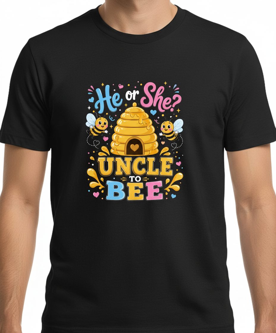 He or She Uncle to Bee Gender Reveal T-Shirt - product mockup - Black