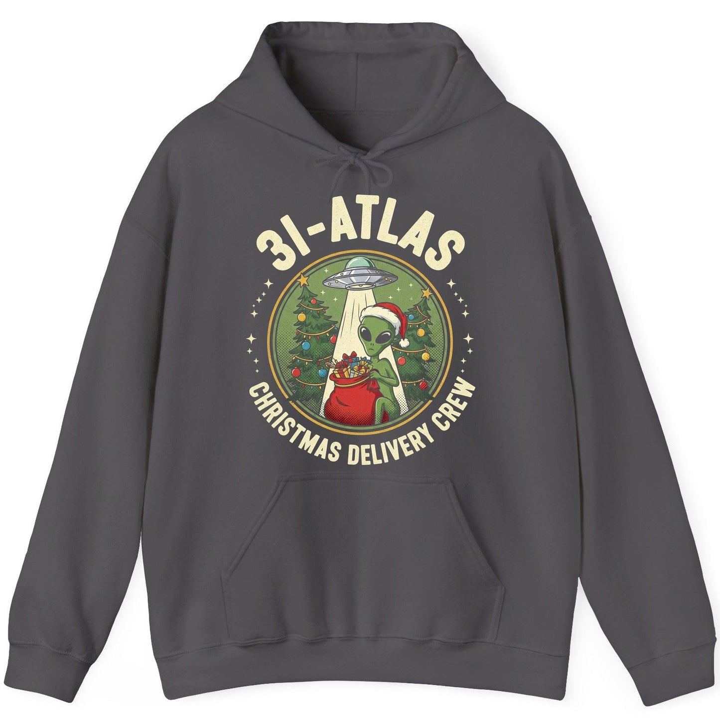 31-Atlas Christmas Delivery Crew alien Christmas Hoodie Charcoal product mockup