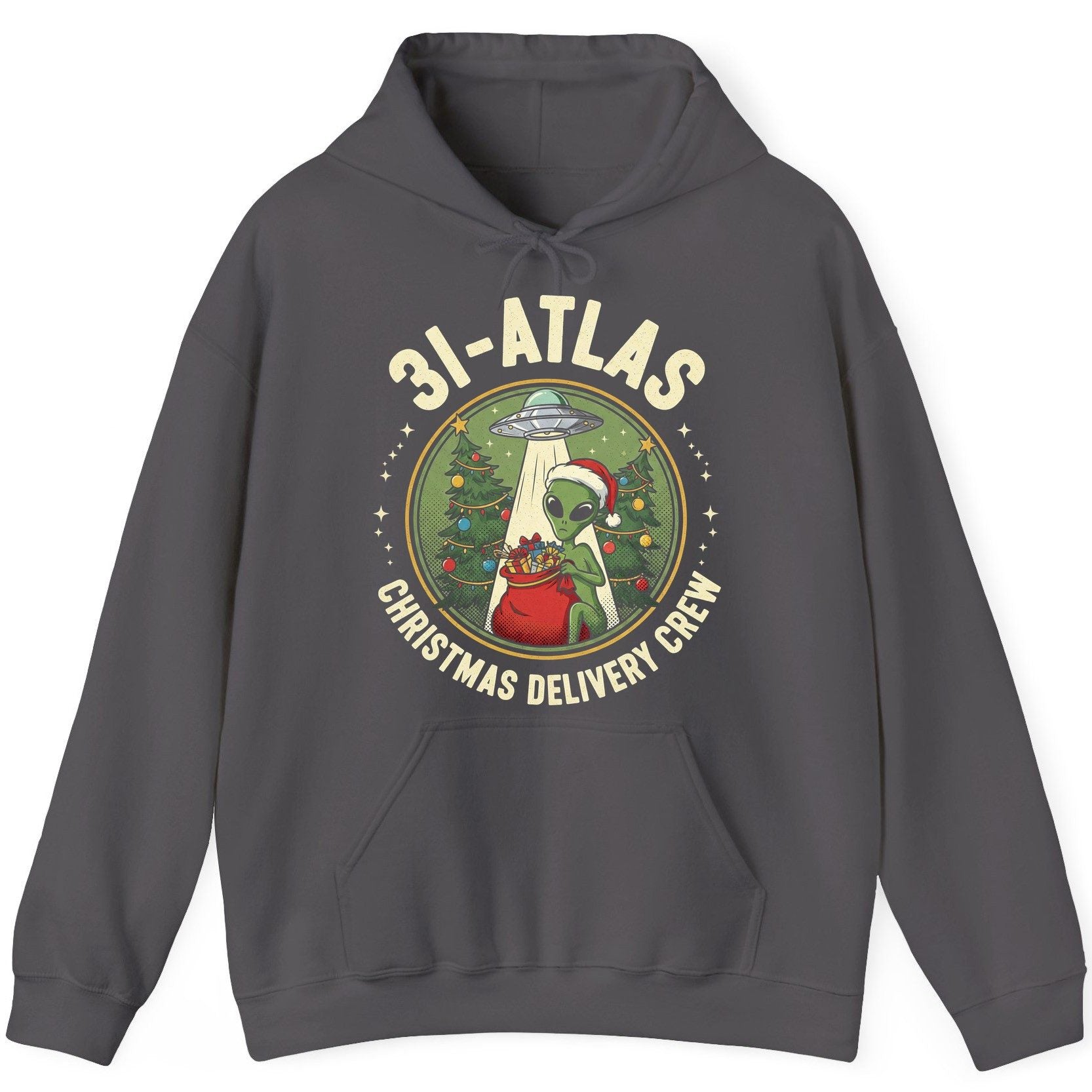 31-Atlas Christmas Delivery Crew alien Christmas Hoodie Charcoal product mockup