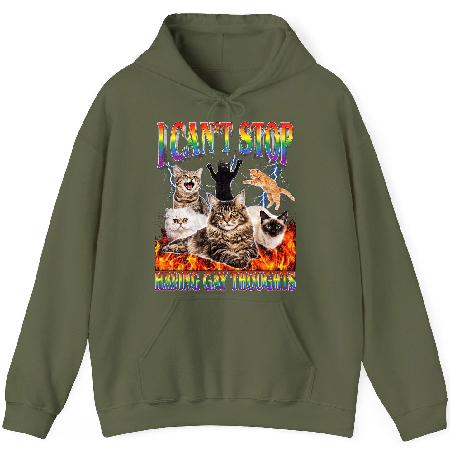 I Can't Stop Having Gay Thoughts cats Hoodie Military Green product mockup