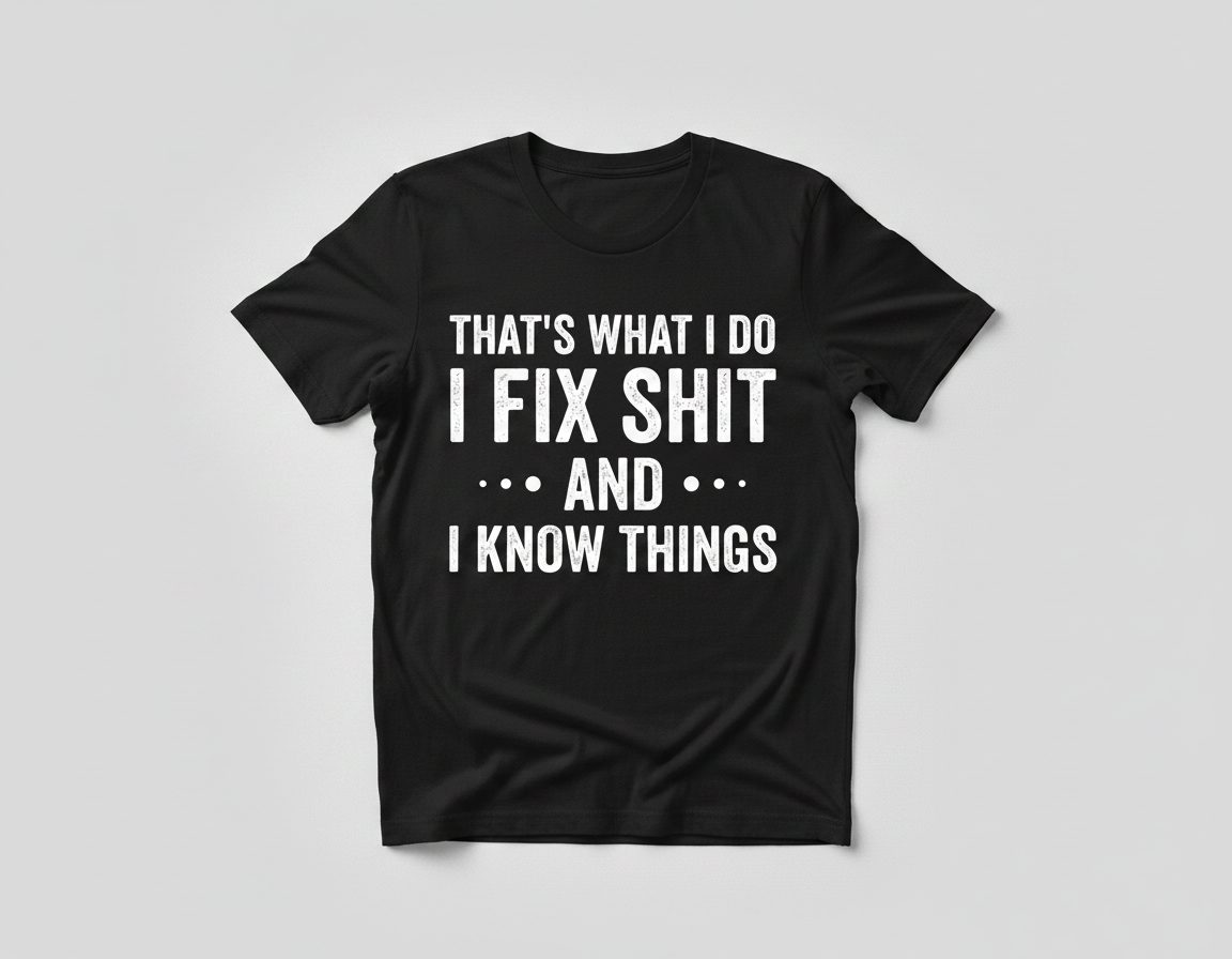 THAT'S WHAT I DO I FIX SHIT AND I KNOW THINGS T-Shirt - product mockup - Black