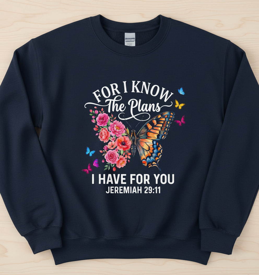 Jeremiah 29:11 For I Know The Plans Butterfly Floral Christian Verse Sweatshirt - Navy