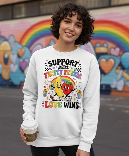 Support Your Fruity Friends Love Wins Retro Lgbtq Pride Sweatshirt - lifestyle model mockup - White