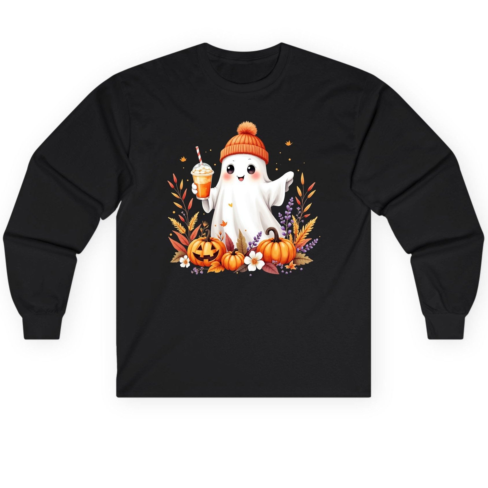 Cute Ghost Pumpkin Spice Latte cute Halloween ghost Long Sleeve Tee Black product mockup