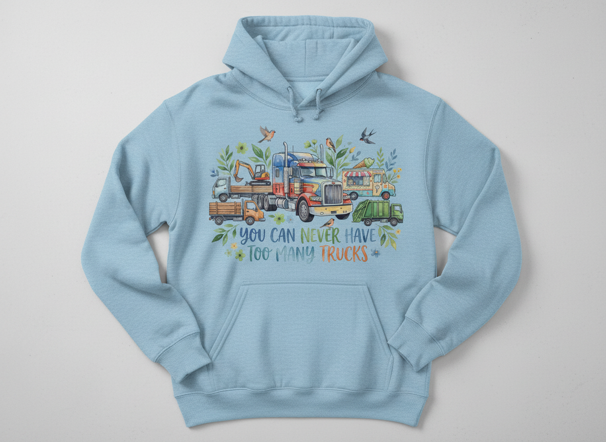 You Can Never Have Too Many Trucks Watercolor Design Hoodie - Light Blue
