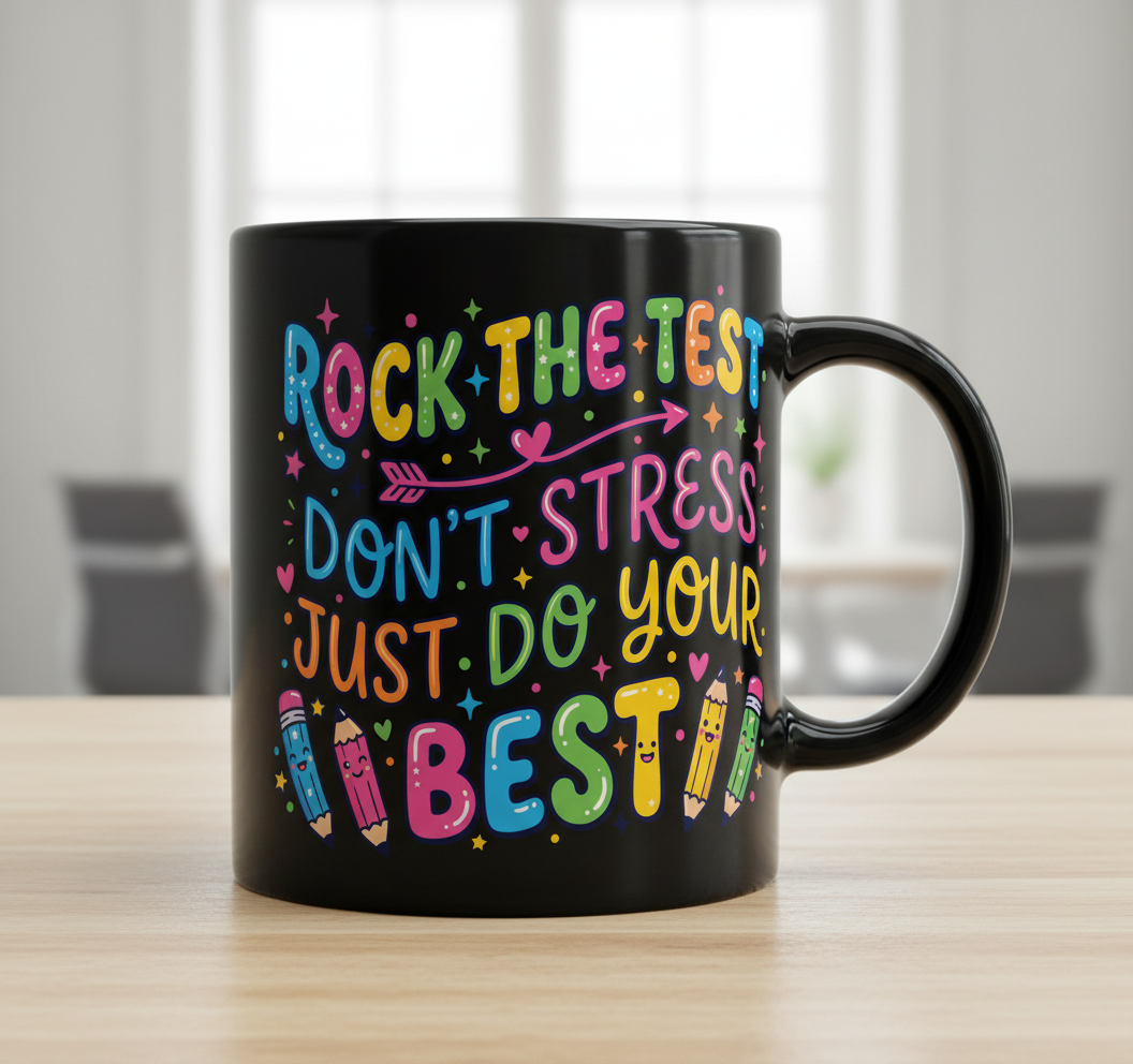 Rock The Test Don't Stress Just Do Your Best Inspirational Quote Black Mug - Black