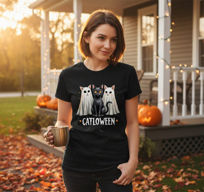 Catloween Halloween cats T-Shirt Black lifestyle mockup