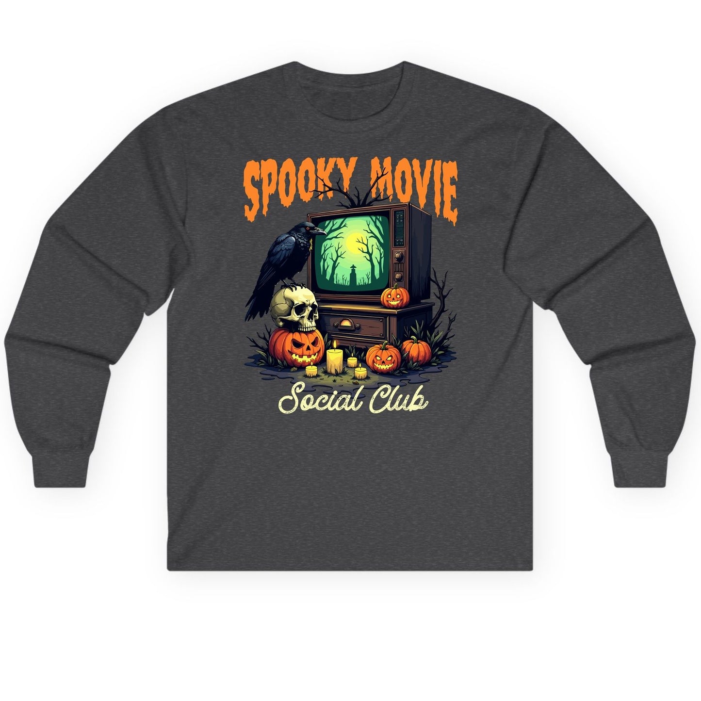 Spooky Movie Social Club Halloween Long Sleeve Tee Dark Heather product mockup