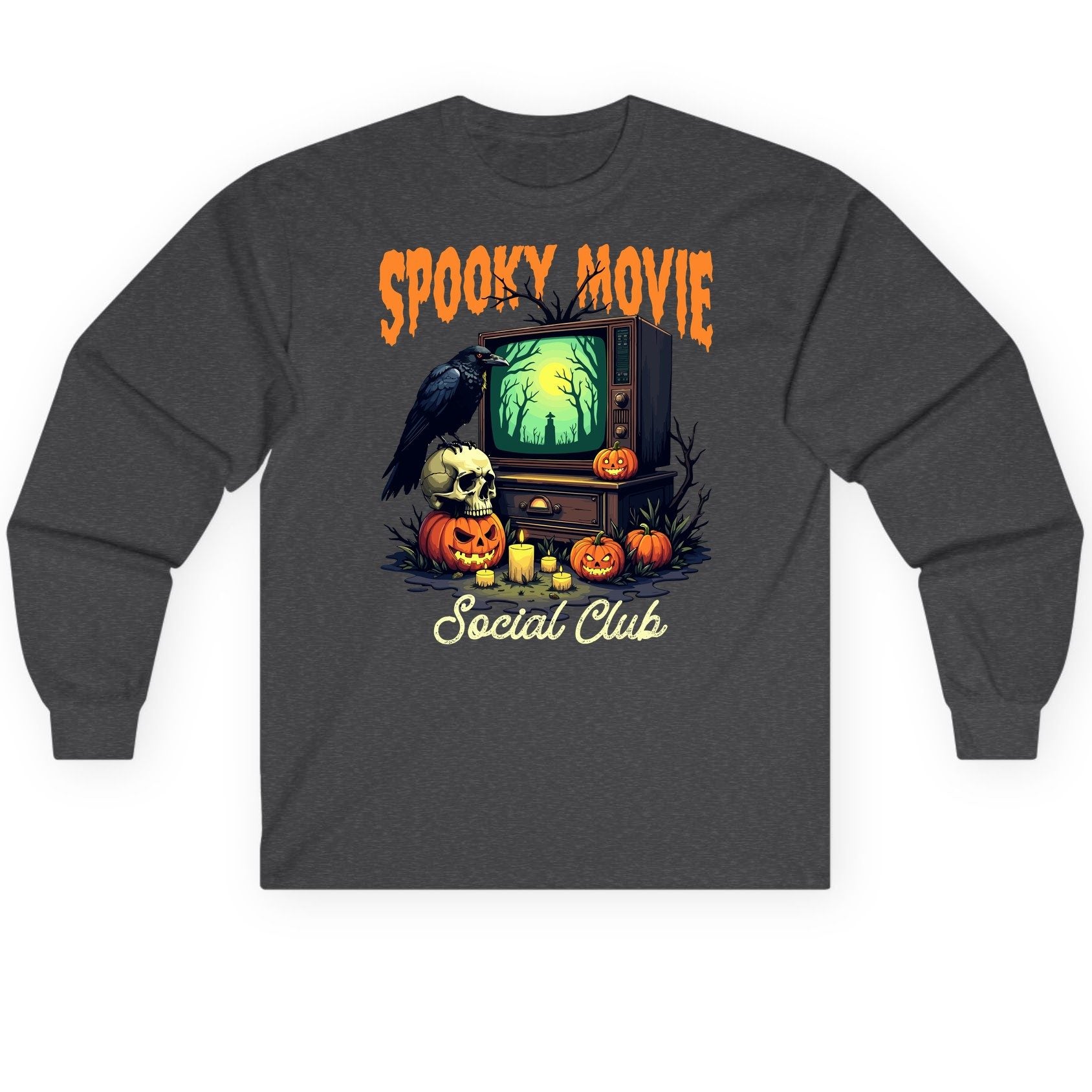 Spooky Movie Social Club Halloween Long Sleeve Tee Dark Heather product mockup
